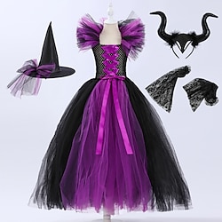 Witch Maleficent Dress Theme Party Costume Girls' Movie Cosplay Cosplay Costume Party Purple Dress Sleeves Hat Children's Day Masquerade Organza Lightinthebox