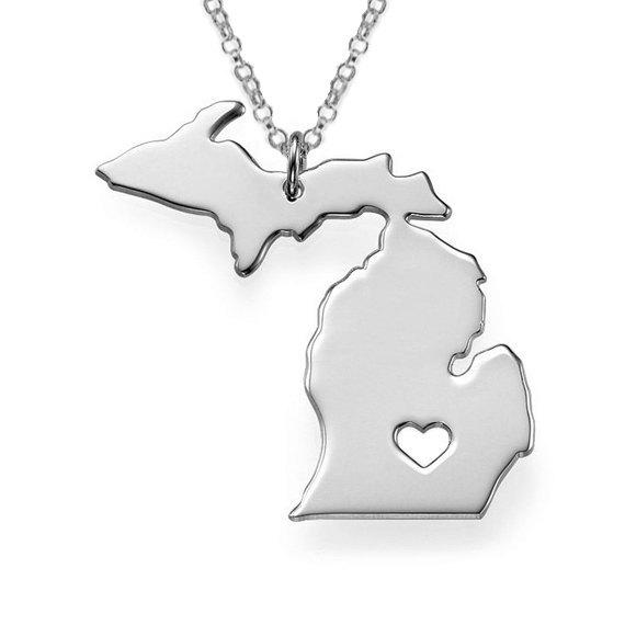 American Michigan State Map Stainless Steel Unisex Silver Plated Necklace
