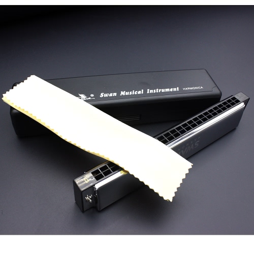 Swan Tremolo Harmonica Mouth Organ Key of D 24 Double Holes with 48 Reeds Free Reed Wind Instrument with Case Cleaning Cloth