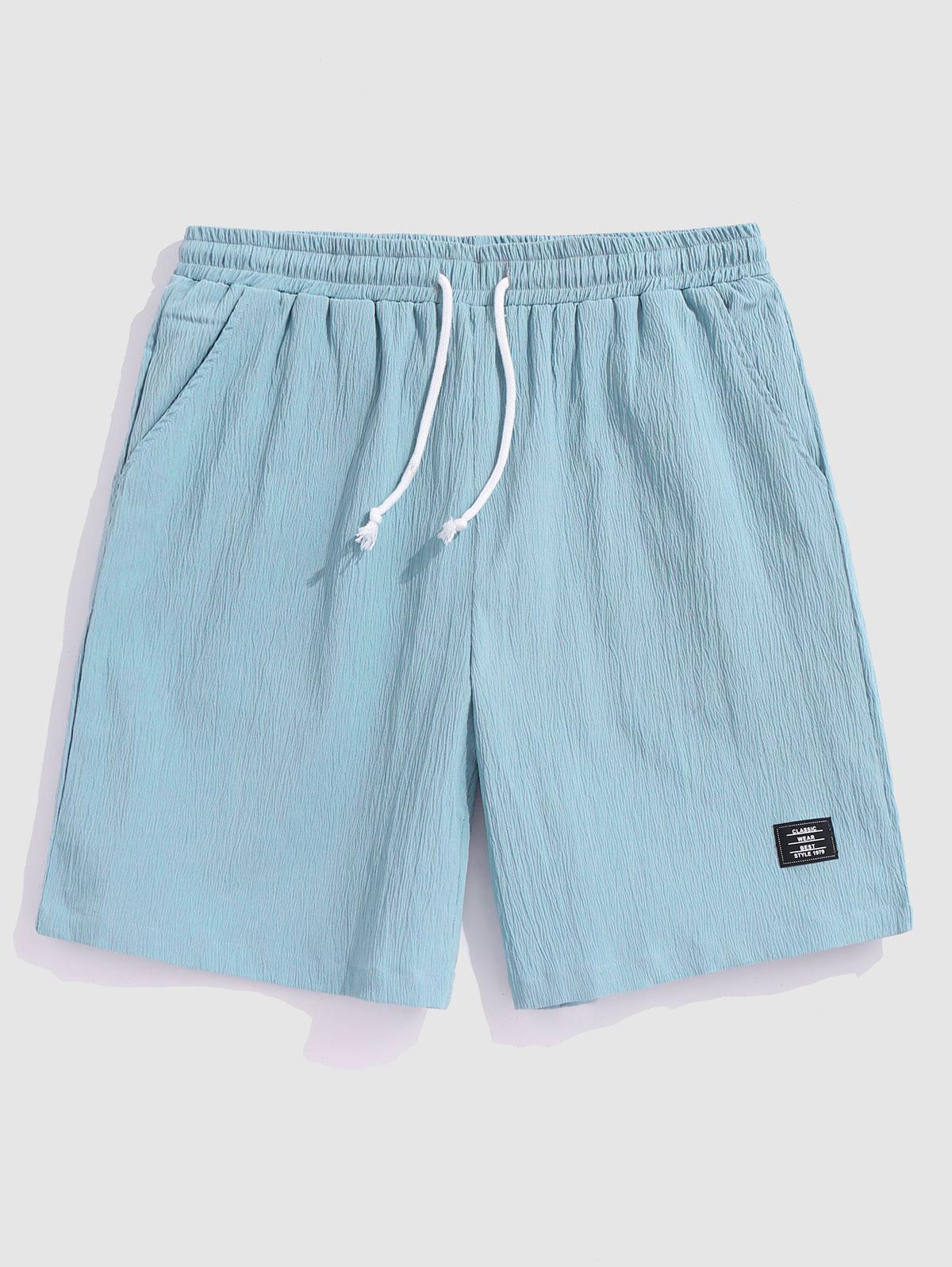 ZAFUL Drawstring Applique Decor Pocket Plain Wrinkle Shorts L Light blue