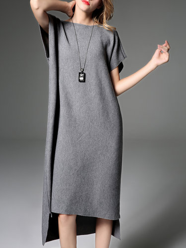 Gray Asymmetric Simple Wool Midi Dress