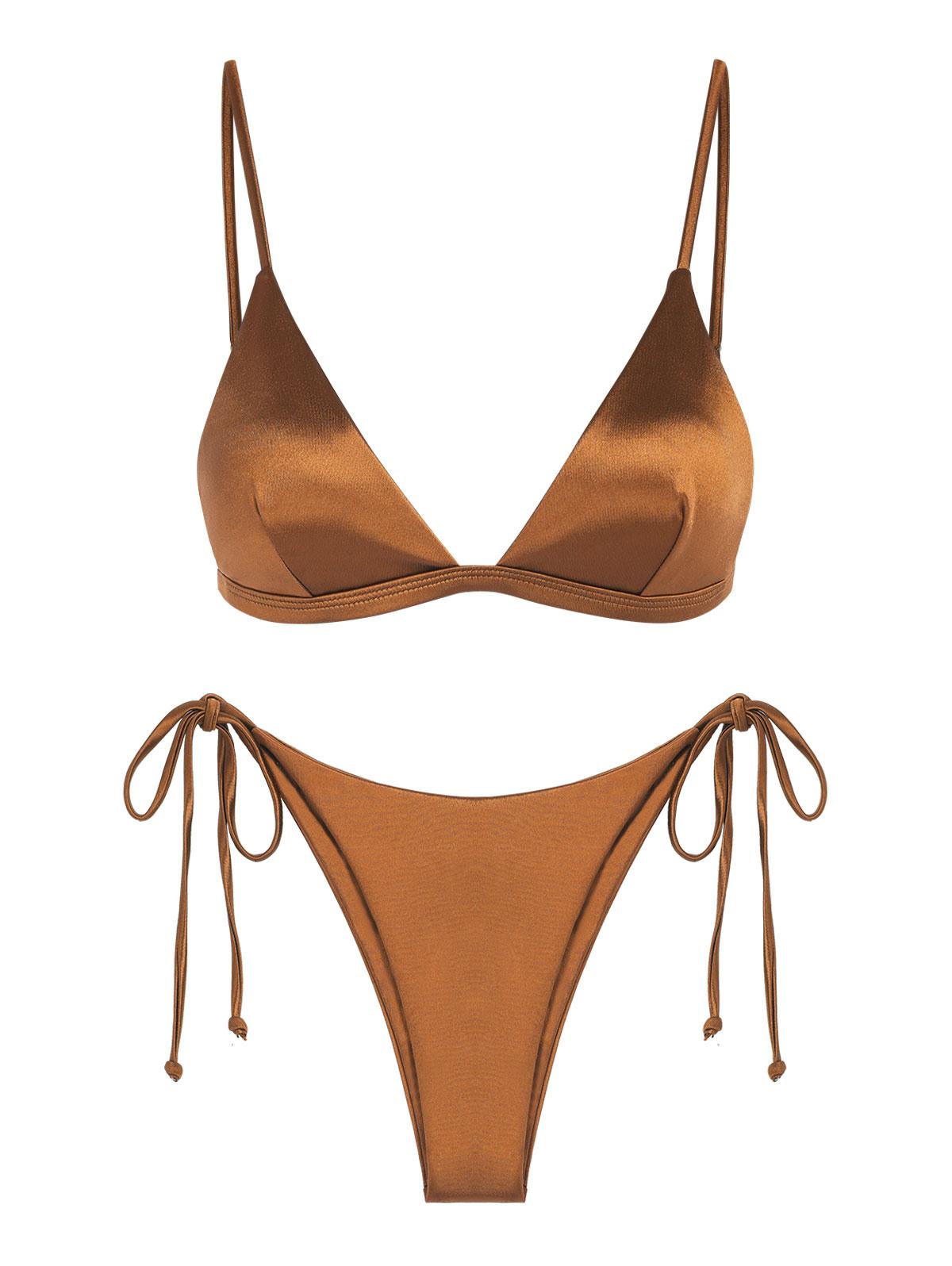 ZAFUL Shiny Silky Tie Side Tanga Bikini Swimwear M Coffee