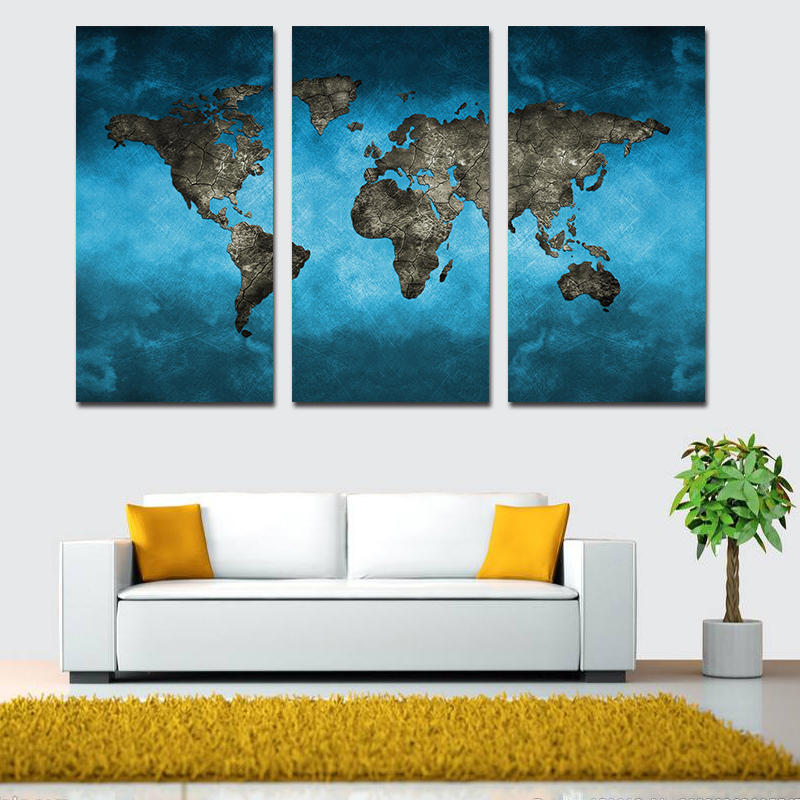 Miico Hand Painted Three Combination Decorative Paintings Continental Map Wall Art For Home Decoration