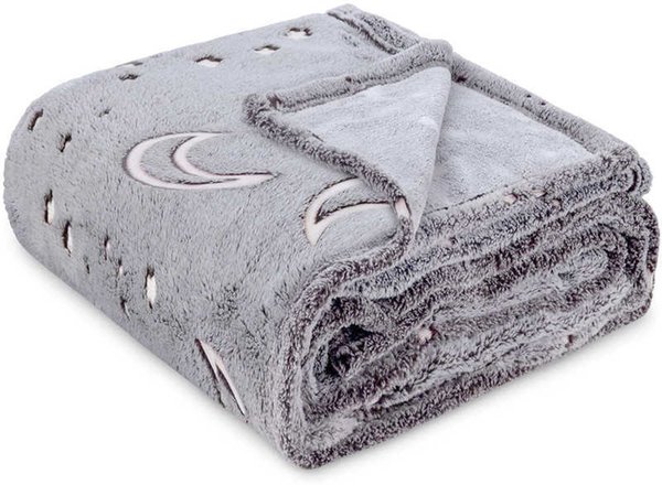 Soft Fleece Blanket with Star Moon Pattern Glow in the Dark Throw Blanket for Kids Fits All Seasons Gray