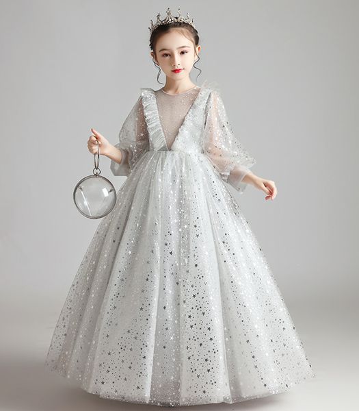 Artistic Silver Tulle Jewel Girl's Pageant Dresses Flower Girl Dresses Holidays/Birthday Princess Skirt Custom Size 2-14 F921011 3/4 Sleeves Floor Length