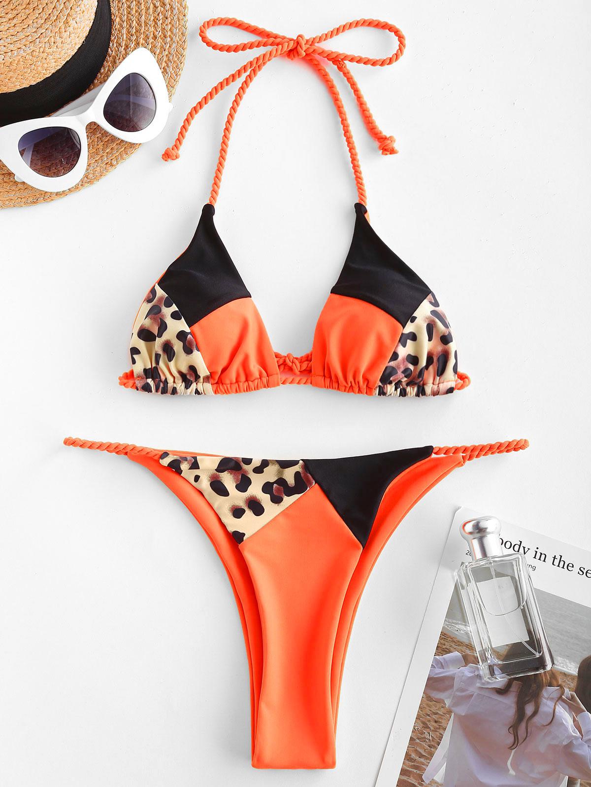 ZAFUL Leopard Colorblock Braided Strap String Bikini Swimwear M Dark orange