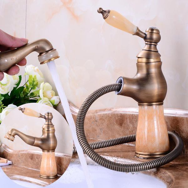 Bathroom Sink Faucets European-style Natural Jade Faucet,brass Pull Out And Cold Mixer Tap,deck Mounted Antique Basin Faucet