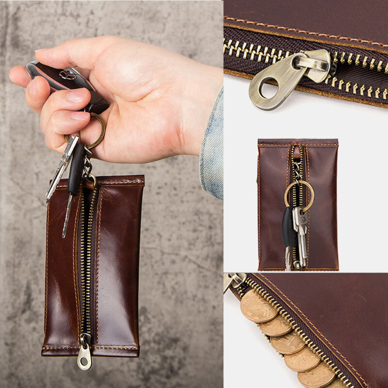 Men Slim Key Genuine Leather Zipper Coin Purse Wallet