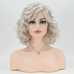Gray Curly Short Wigs for White Women Silver White Mixed Brown Wavy Bob Wig with Bangs Synthetic Hair Replacement Wig ChristmasPartyWigs Lightinthebox