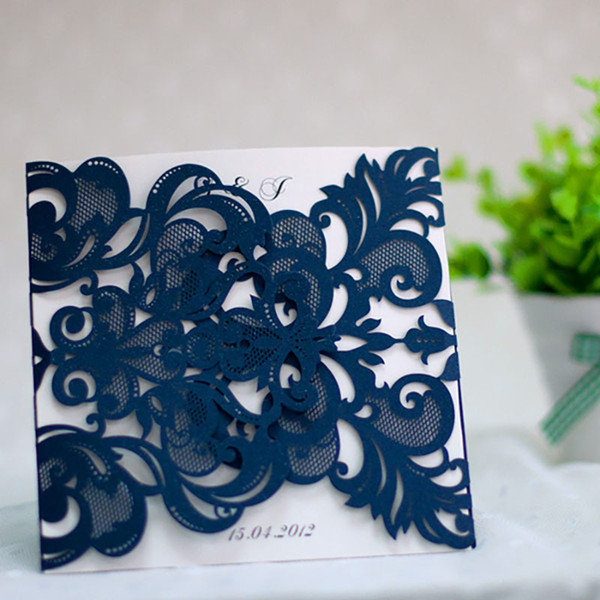 1 set design blue laser cut wedding invitations fold print customize wedding cards blank insert envelope seal