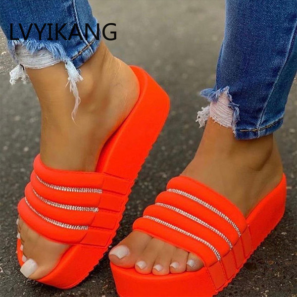 Woman Non Slip Slippers Ladies Open Toe Crystal Platform Flat Shoes Woman Comfort Casual Fashion Slippers Female 2020 New