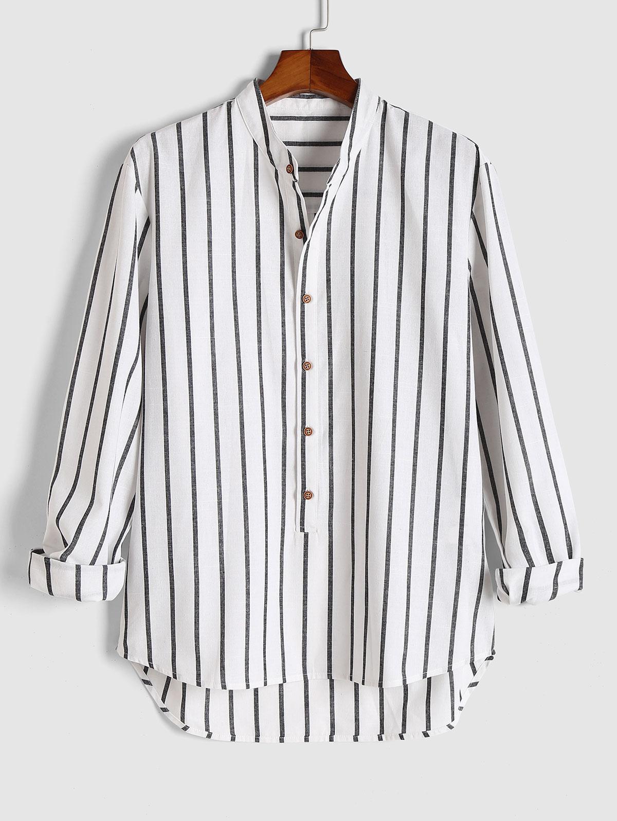 ZAFUL Men's Vertical Stripe Pattern High Low Shirt 3xl White