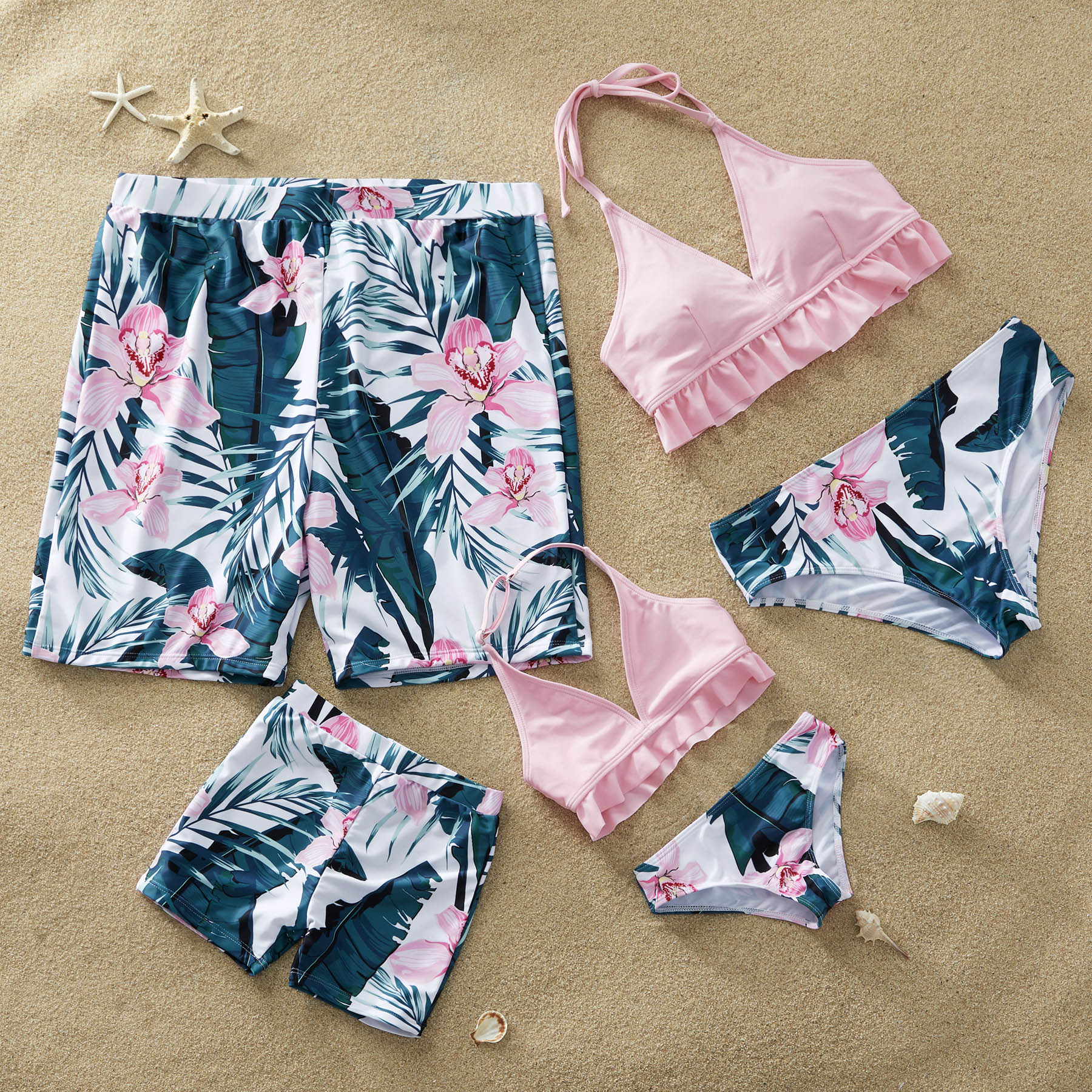 Pink Flower Printed Family Matching Swimsuit