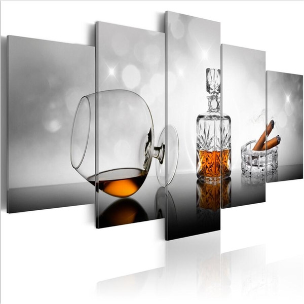 ( No Frame)5PCS/Set Modern Sinful Pleasure Wine and Cigars Art Print Frameless Canvas Painting Wall Picture Home Decoration