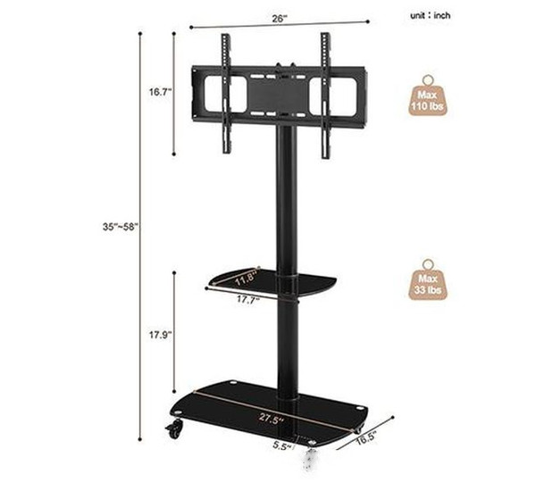 tv mount bracket floor mobile stand multi-function tempered safety glass metal frame black c0060 us stock