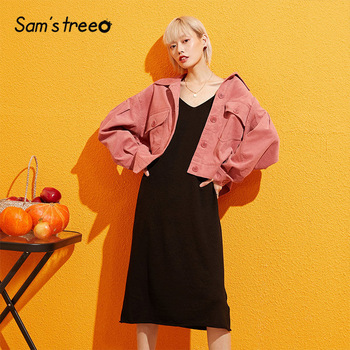 Samstree Black Pure V Neck Sleeveless Casual Knitted Dress Women Clothes 2019 Autumn Minimalist Midi Ladies Dresses