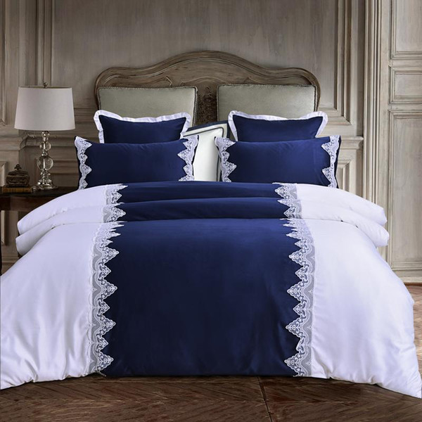 korean style cotton imitate silk lace bedding set white blue bedclothes J/6pcs queen king size duvet cover sheet bed linen set