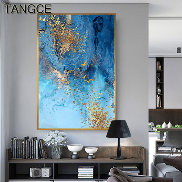 abstract golden foil canvas painting blue print poster big wall art picture for living room nordic tableaux abstract blue poster