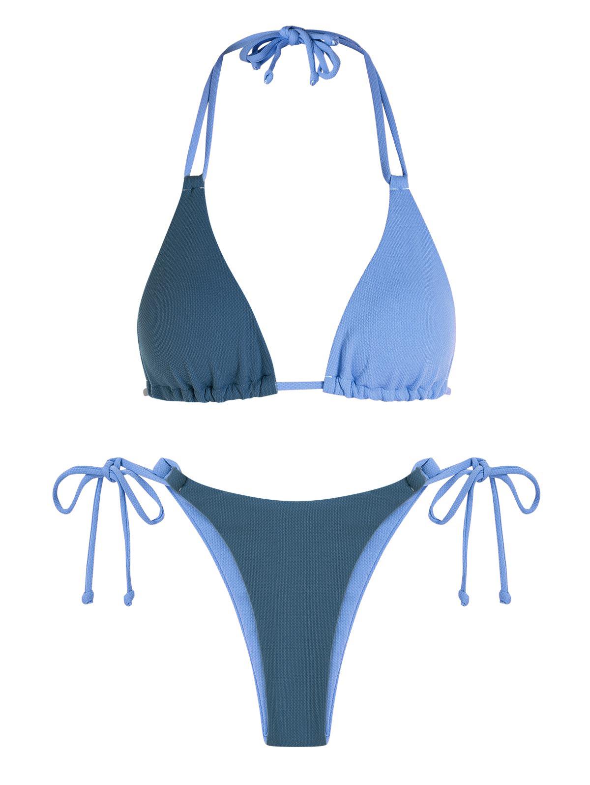 ZAFUL Color Block Textured Halter String Bikini Set S Deep blue