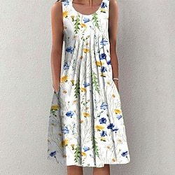 Women's Casual Dress Floral Dress Midi Dress White Yellow Blue Sleeveless Floral Ruched Spring Summer Crew Neck Casual Weekend Loose Fit 2023 S M L XL XXL 3XL miniinthebox