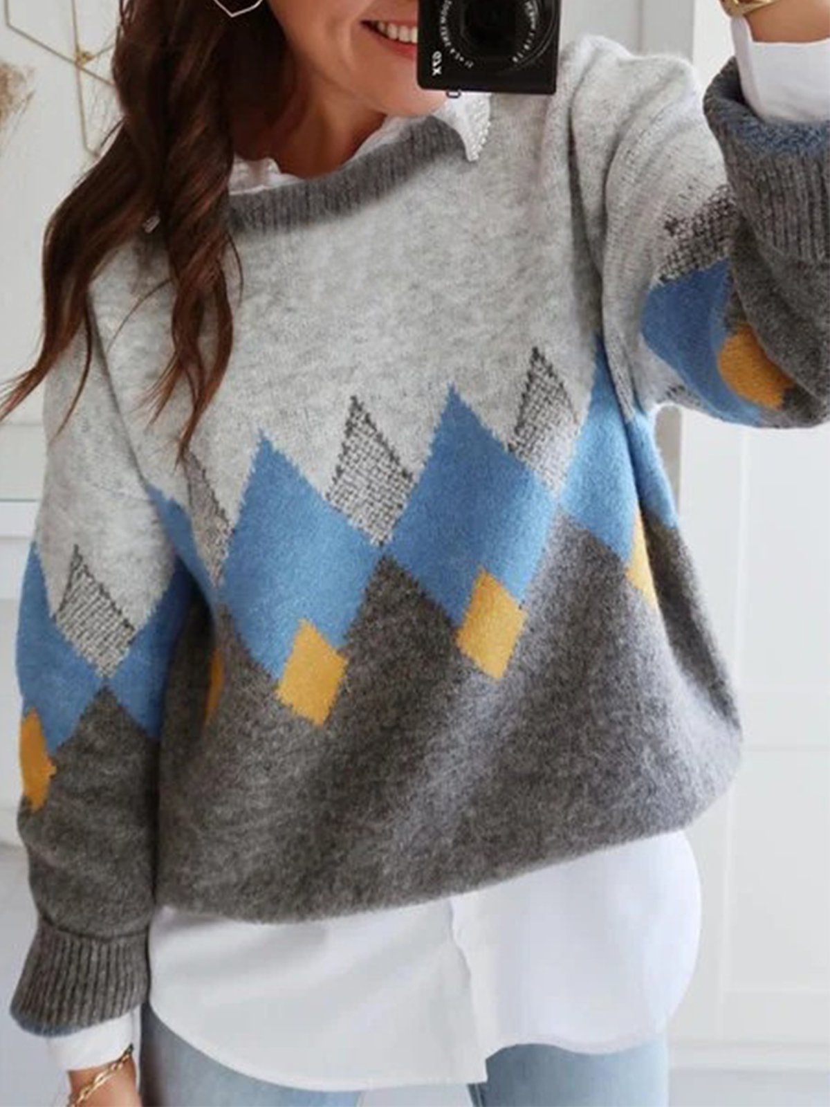 Gray Geometric Crew Neck Long Sleeve Sweaters