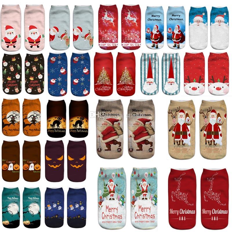 Xmas Halloween Printed Socks For Santa Claus Reindeer Pumpkin 3D Soft Texture Short Boat Socks Christmas Decorations Cartoon Sock WX9-900
