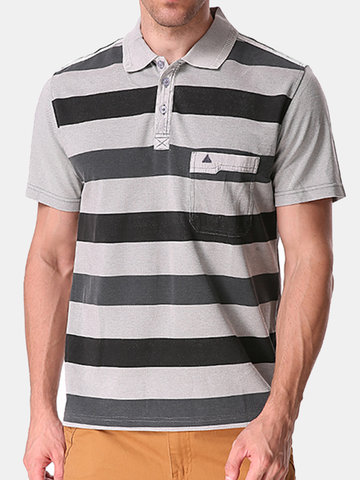 Cotton Stripe Printed Turn-down Collar Short Sleeve Casual Business Polo Shirt for Men