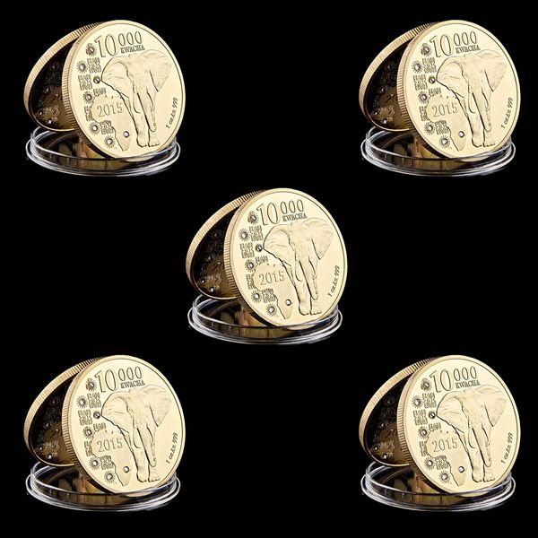 5pcs Zambia Republic 1oz.999 African Elephant Craft 10000 Kwacha Gold Plated Animal Commemorative Coin Collection