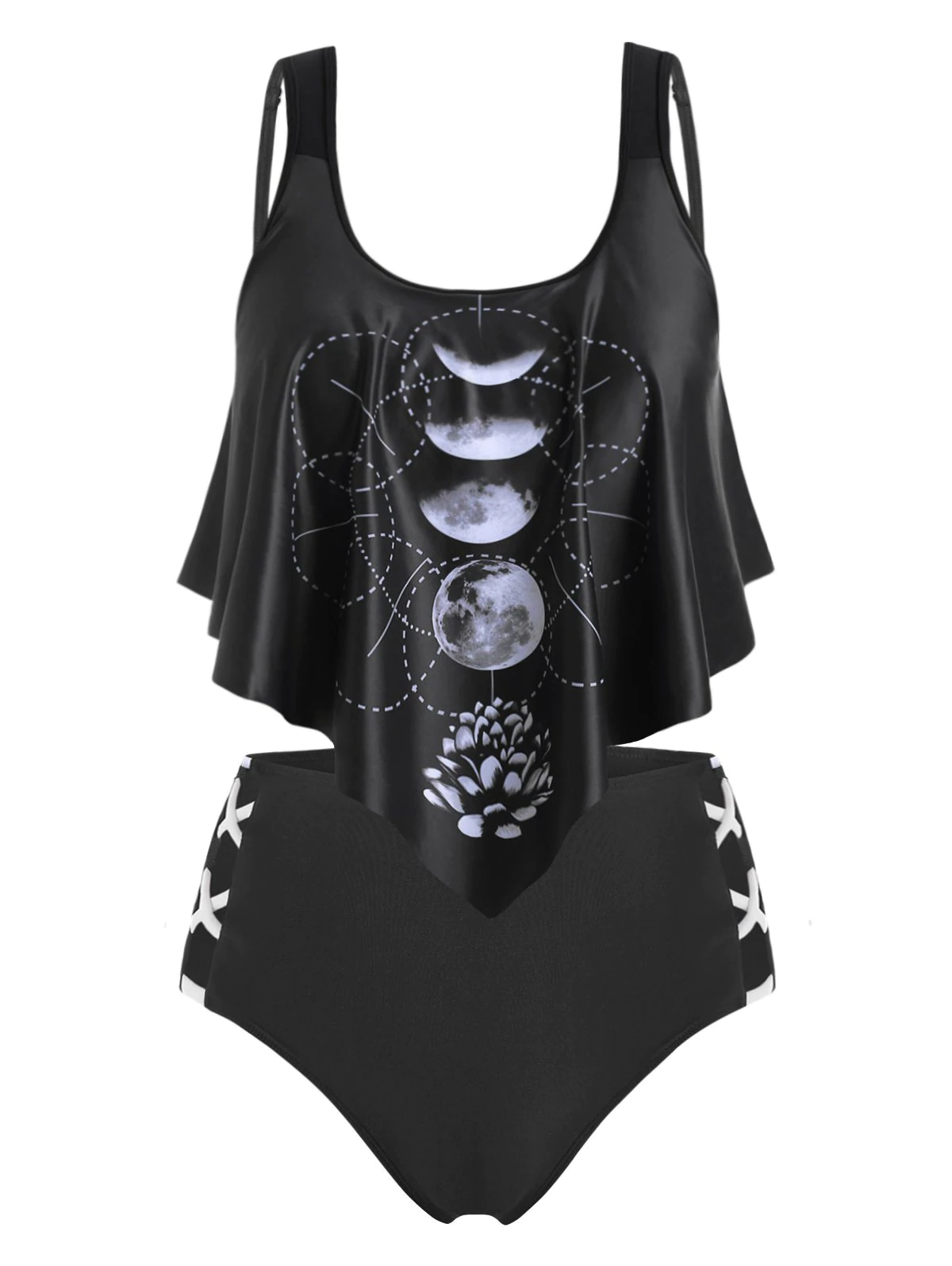 Plus Size Ruffle Moon Phase Print Tankini Swimwear