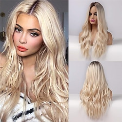 C903 Natural Long Wavy Wig for Women Ash Blonde Ombre Wig with Brown Roots Middle Parting Heat Resistant Synthetic Wig for Cosplay Halloween ChristmasPartyWigs Lightinthebox