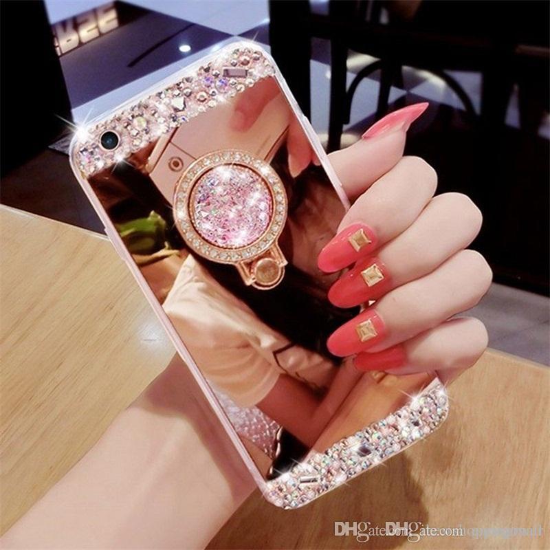 Luxury Handmade Bling Diamond Crystal Holder Case With Stand Kickstand Mirror Phone Case For iPhone 5S 6 6S 7 Plus Samsung S6 S7 edge