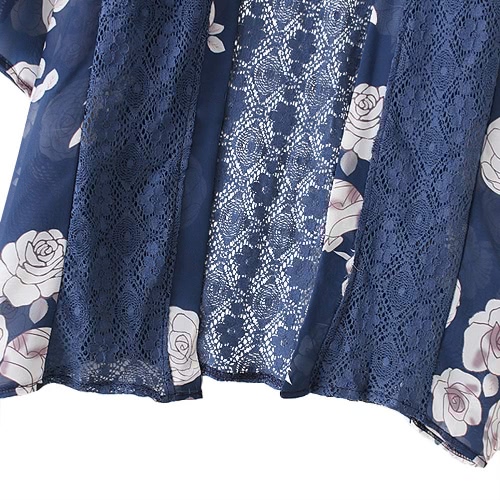 New Women Chiffon Kimono Cardigan Floral Print Hollow Out Loose Outerwear Beachwear Bikini Cover Up Blue