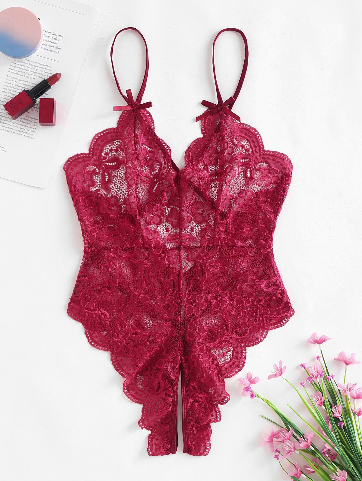 Sheer Scalloped Lace Criss Cross Crotchless Lingerie Teddy Xl Deep red