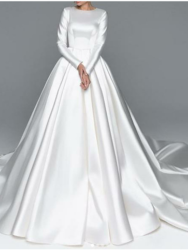A-Line White Long Sleeve Mermaid Wedding Dress With Train