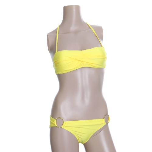 Fashion Sexy Bikini Set Swimwear Swimsuit Beachwear Ruched Strapless Padded Bandeau Top Yellow