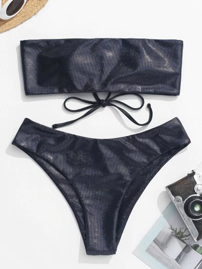 ZAFUL Glitter Lace Up Bandeau Bikini Set