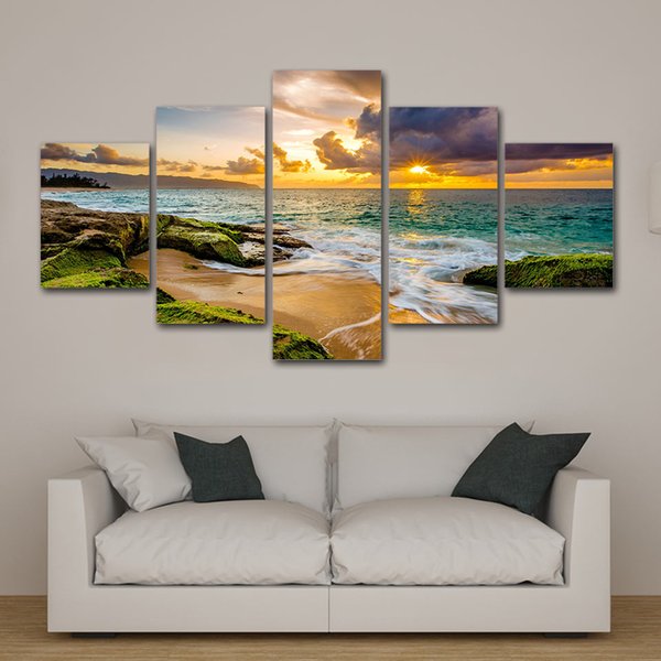 5 Piece canvas painting Beach Seascape sunset clouds Scenery wall art Home Decoration For Living Room HD Print poster(No Frame)