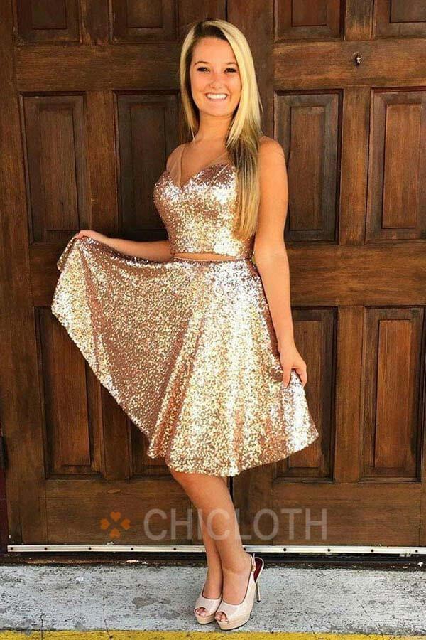 Two Piece V-Neck Knee-Length Gold Sequined Homecoming Dress-Cheap Casual Dresses