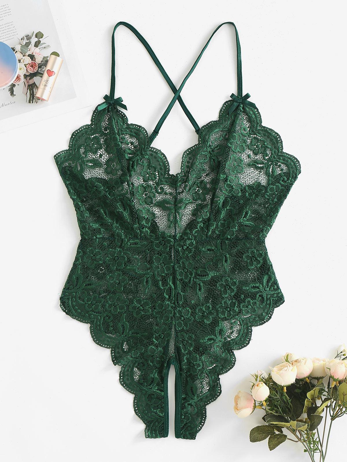 Sheer Scalloped Lace Criss Cross Crotchless Lingerie Teddy S Green