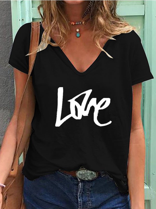 Boho Short Sleeve V Neck Letter T-Shirts - Noracora