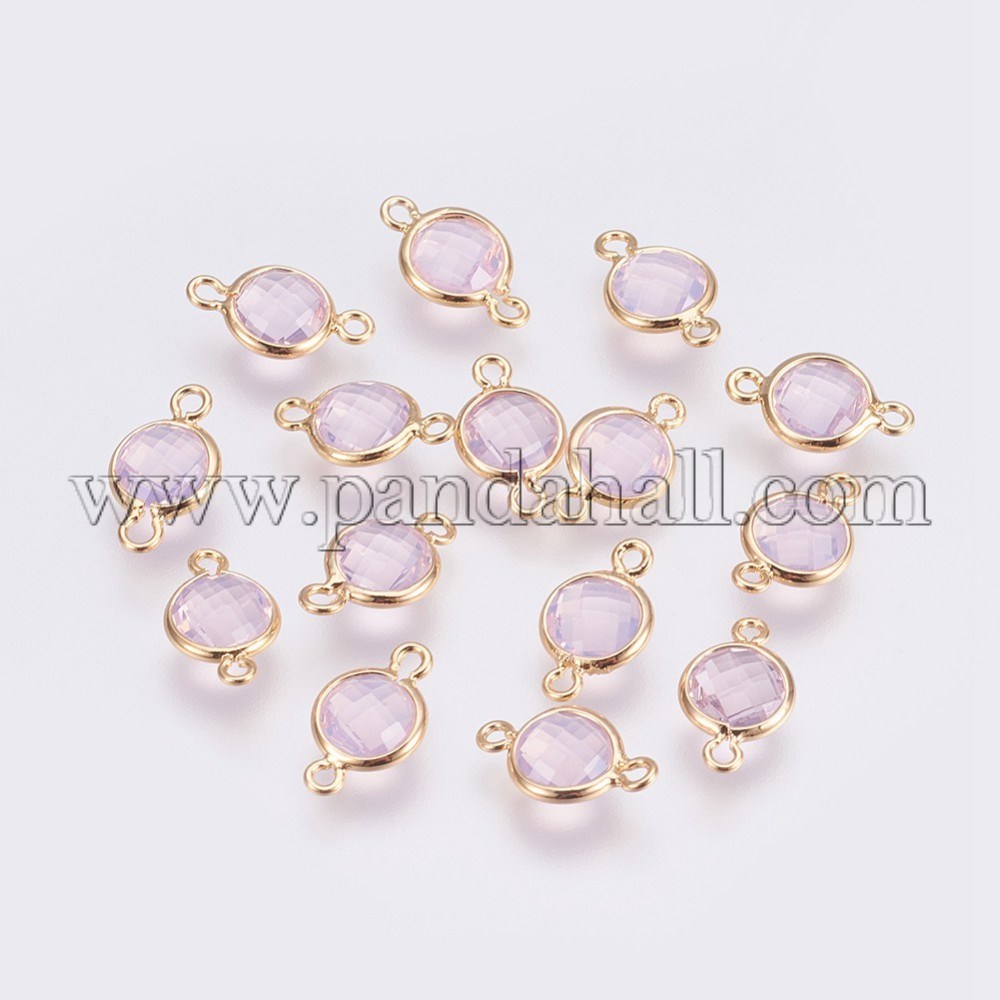 Brass Links, Real Gold Plated, Long-Lasting Plated, with Faceted Glass, Flat Round, Nickel Free, Pink, 12x7x3mm, Hole: 1.2mm