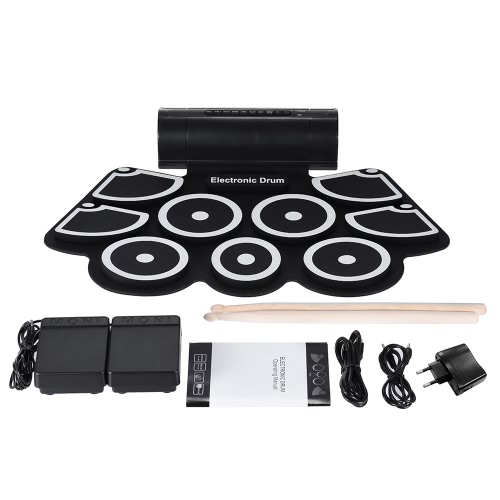 Portable Electronic Roll Up Drum Pad Set 9 Silicon Pads Built-in Speakers with Drumsticks Foot Pedals USB 3.5mm Audio Cable