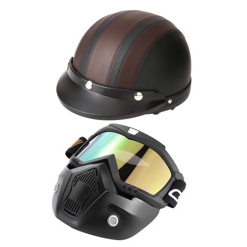 Mortorcycle Mask Detachable Goggles and Mouth Filter+ Open Face Half Leather Helmet with Visor UV Goggles 54-60cm