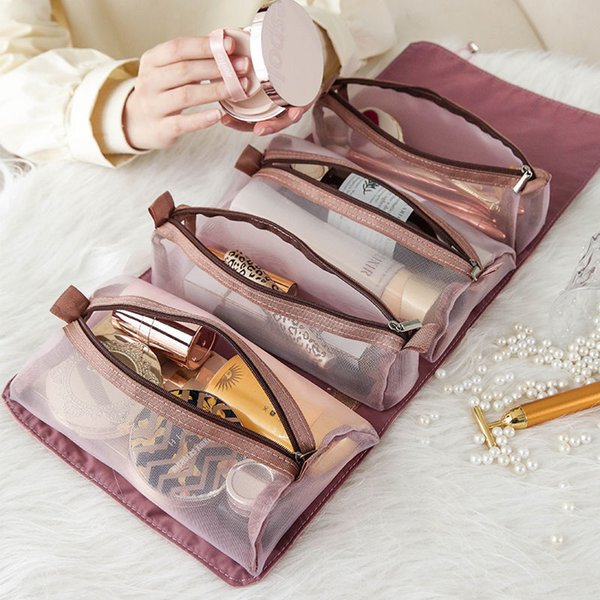 Women's Cosmetic Bag Foldable Travel Organizer Hanging Nylon Mesh Separable Toiletry Pouch Rope Storage Makeup Bag Kosmetyczka