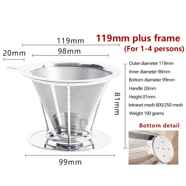 Conical stainless steel dripper double-layer mesh filter basket household kitchen tools medium plus rack coffee net