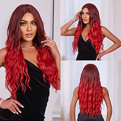 Synthetic Wig Uniforms Career Costumes Princess Curly Deep Wave Middle Part Layered Haircut Machine Made Wig 26 inch Red Synthetic Hair Women's Cosplay Party Fashion Red Lightinthebox