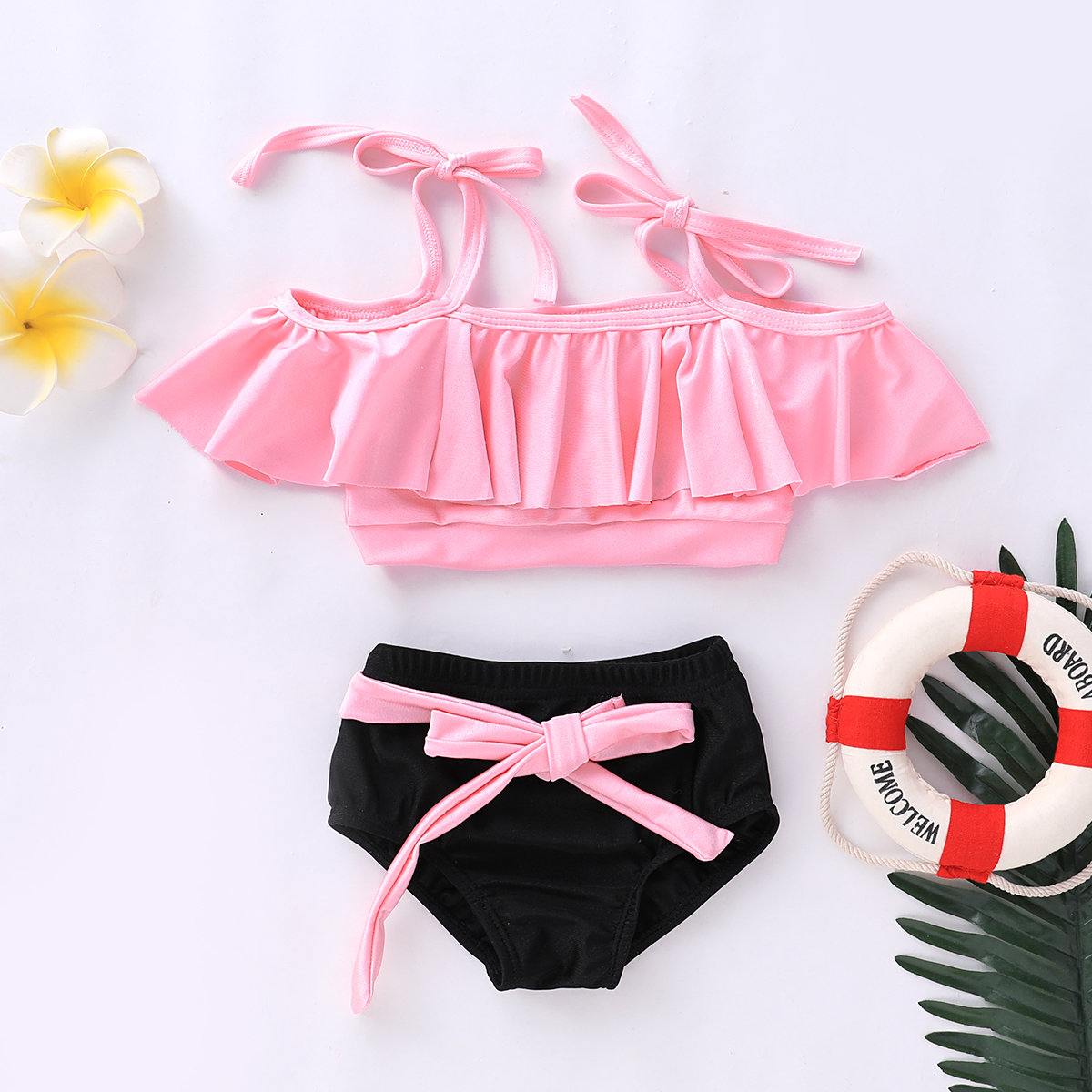 2-piece Baby / Toddler Girl Solid Layered Strappy Top and Bow Bottom Swimsuit Set