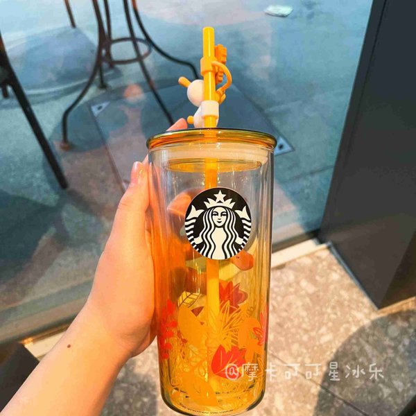 Starbucks mid autumn and late autumn cute rabbit autumn golden double glass straw drinking cup holiday gift