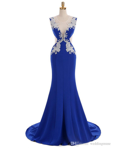 Elegant Real Formal Dresses Evening Wear Sexy Jewel Sleeveless Mermaid Royal Blue With Crystal Beads Sweep Train Prom Dresses Party Gowns