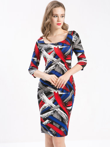 Multicolor 3/4 Sleeve Color-block Midi Dress